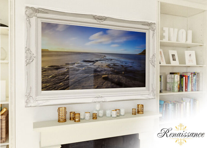 A smart tv with sophisticated white frame hanged on a wall.